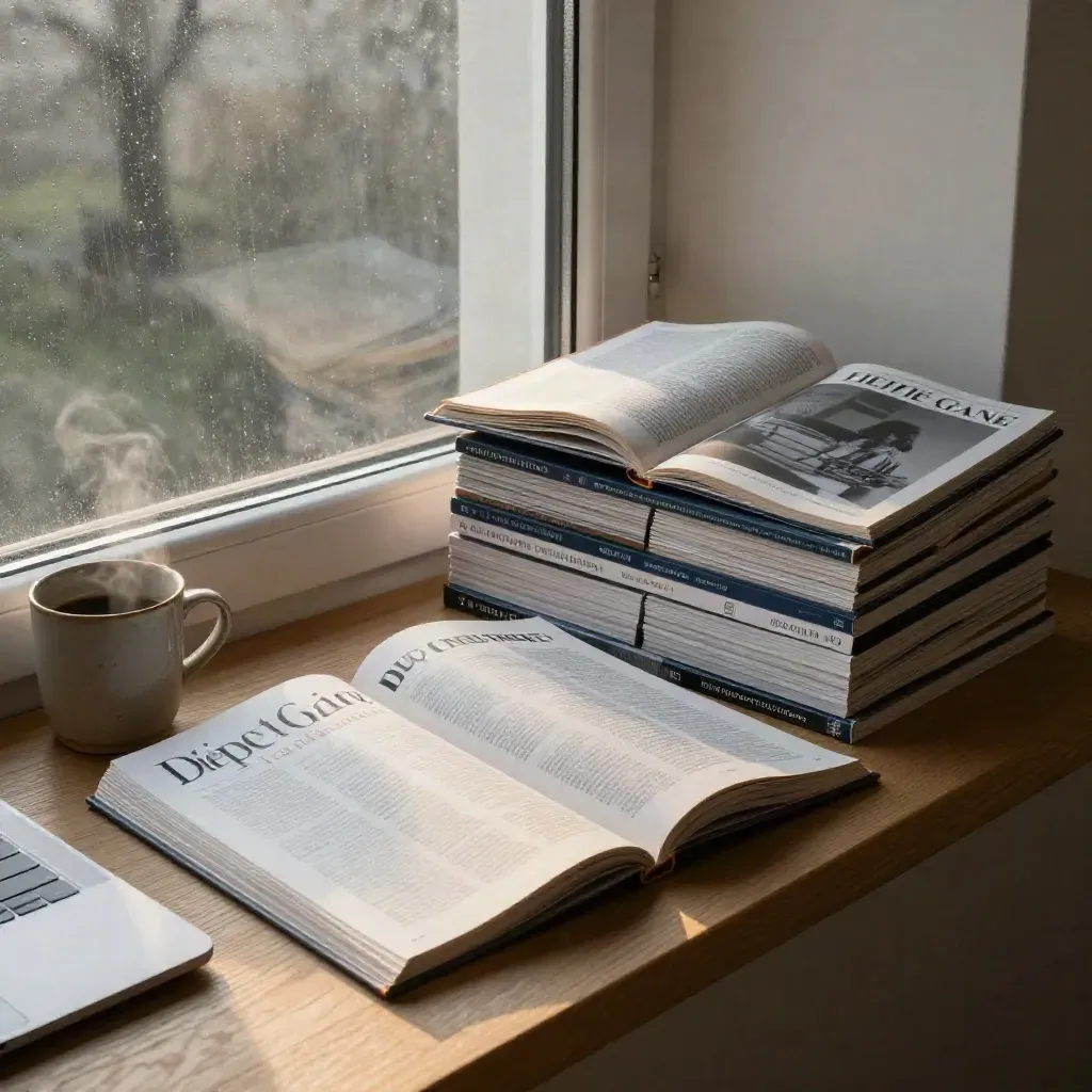 Nederlands leestafereel met tijdschriften, essaybundel, laptop en koffiemok bij mistig raam.