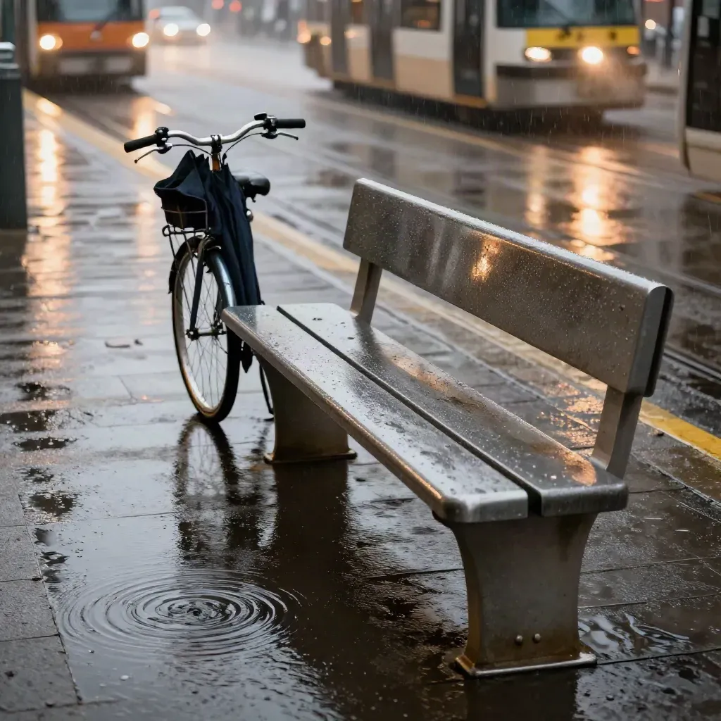 Natte tramhalte met fiets, bankje, paraplu en spiegelende plassen in de regen.