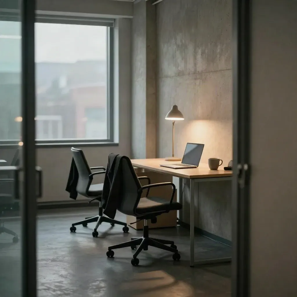 Lege kantoorverdieping met drie stoelen, laptop, mok en jas in halfduister