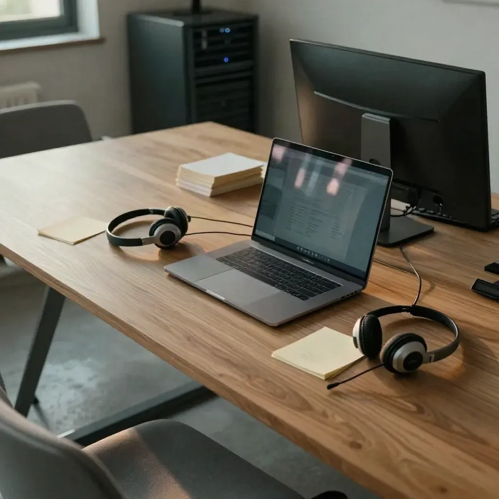 Vergaderruimte van boven: gesloten laptop, headsets, monitor uit en serverkast in stille spanning.