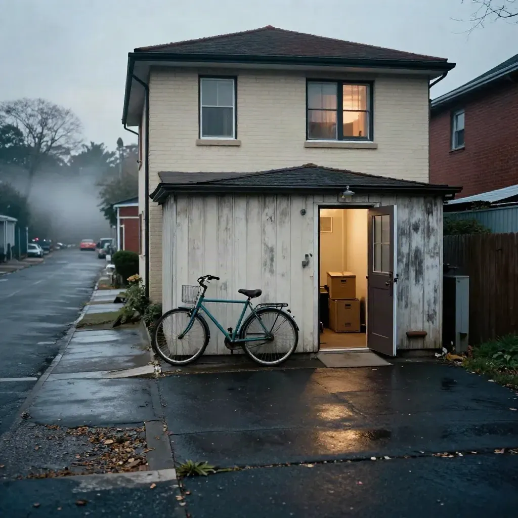 Vrijstaand huis aan stille straat met fiets, verhuisdozen en open voordeur in avondnevel.