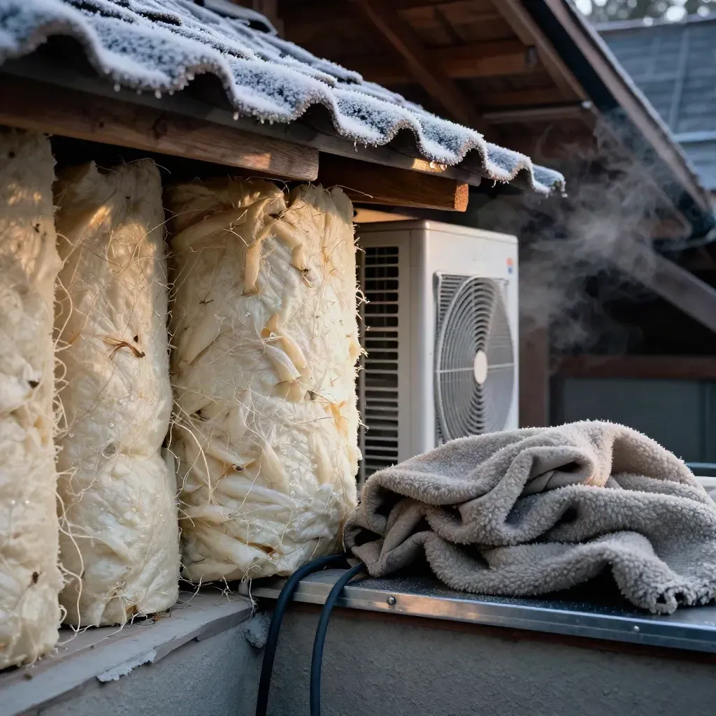 Zolderhoek met isolatie, warmtepomp en losliggende dakpannen in koude damp.