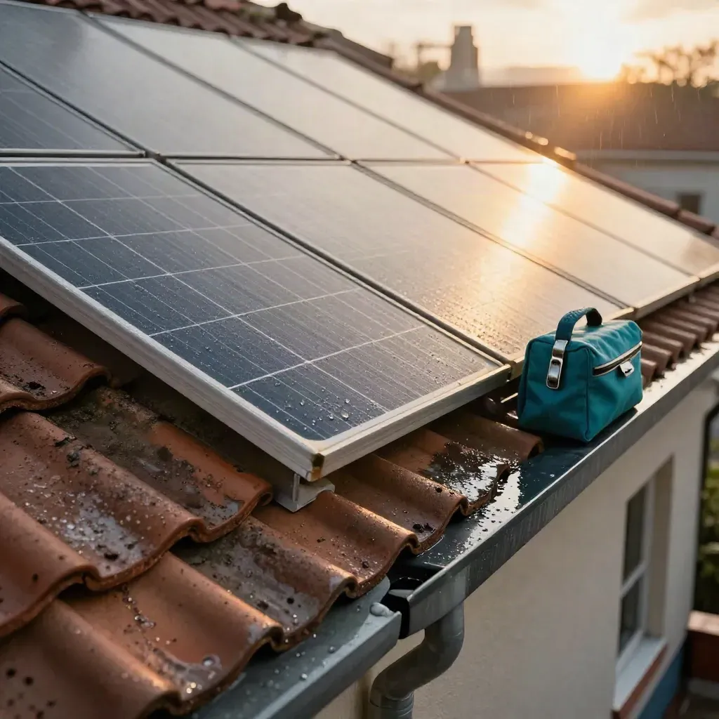 Regen op zonnepanelen en een dakgoot met onderhoudstas naast de gevel