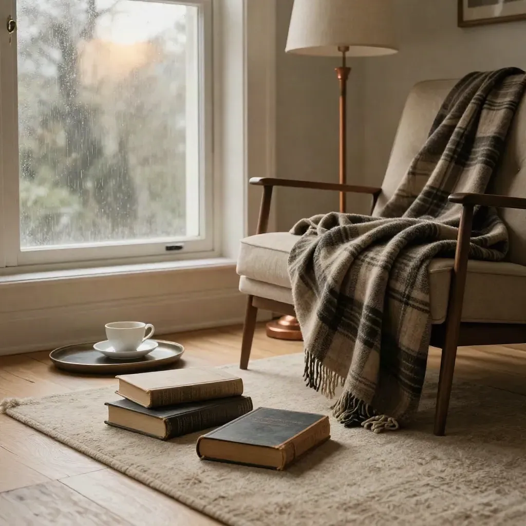 Zondagse leeshoek met boeken, plaid, theeschaal en lamp bij het raam in warm licht.